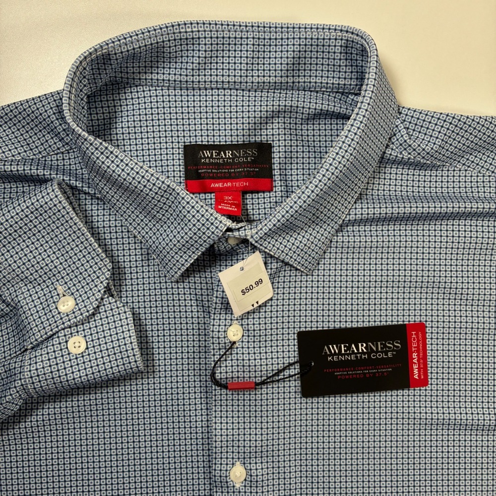 NEW Kenneth Cole Performance Dress Shirt 3XL Blue Awearness Geometric Stretch
